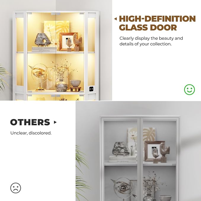 BROTTAR Lighted Corner Display Cabinet with Glass Doors for Collectibles | 65" Curio Cabinet with 3 Color LED Lights, 4-Tier Showcase Display Case with Human Body Sensor for Trophies, Books, White