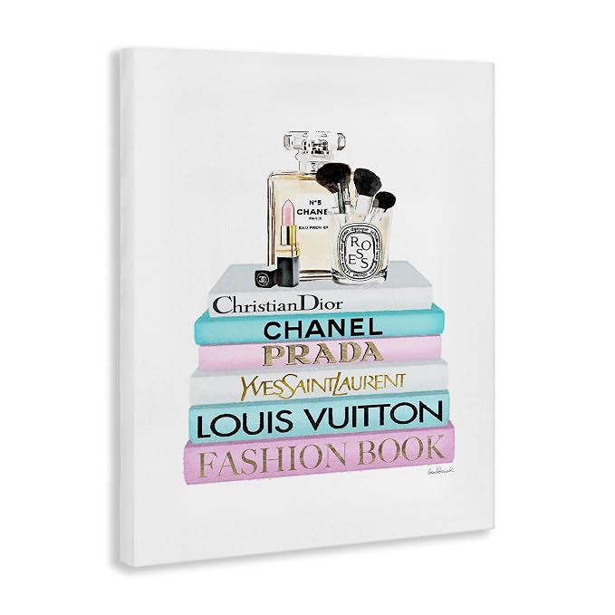 Fashion Designer Makeup Bookstack, 30 x 40 Inch Canvas Wall Art | Stupell Industries · By Amanda Greenwood · Ready to hang · Great for fashion inspired spaces · Made in USA