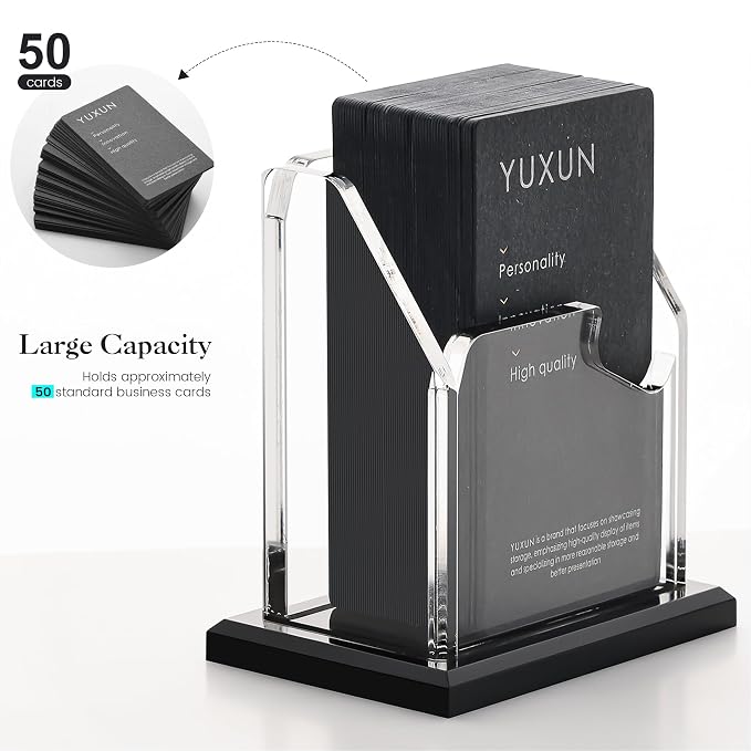 YUXUN Business Card Holder for Desk Vertical 1 Tier 1 Slot ,Black Acrylic Business Card Display Stand for Men & Women,Desktop Business Card Organizer for Office Home Exhibition, 50-60 Card Capacity