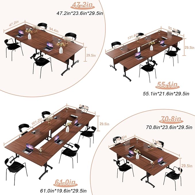 Conference Table Flip Top Mobile Conference Room Tables,Folding Conference Table with Wheels,Large Meeting Training Seminar Table Saving Space for Office Classroom(4D,55.1'')