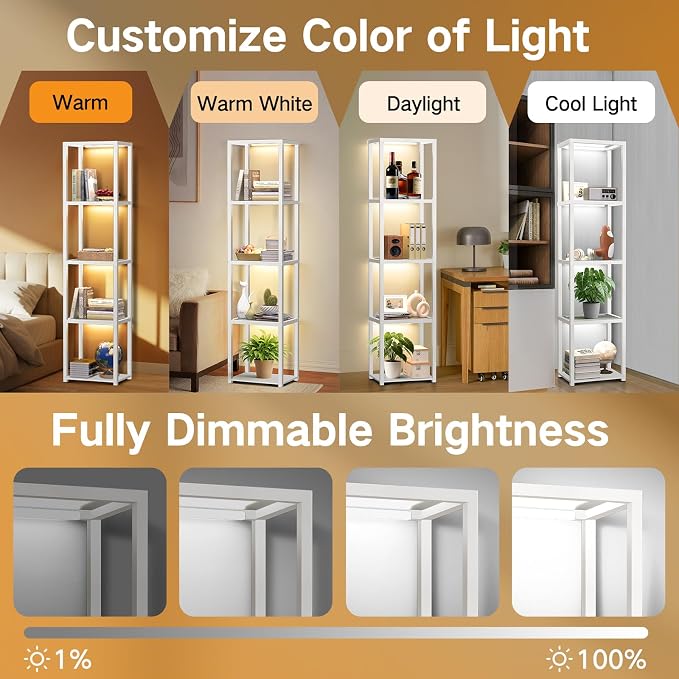 OUTON 67" Glass Display Shelf with Dimmable LED Floor Lamp, Collectibles Display Cabinet with Remote & App Control, 5 Tier Open Bookshelf Lamp for Living Room, Bedroom, Office, Home Decor, White