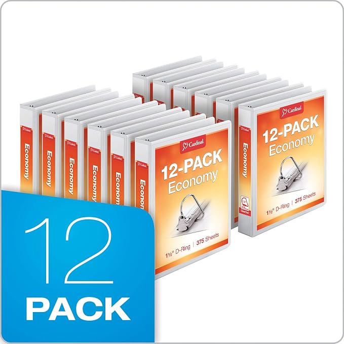 Cardinal Economy 3-Ring Binders, 1.5", Slant-D Rings, Holds 375 Sheets, ClearVue Presentation View, Non-Stick, White, Case of 12 (90751)