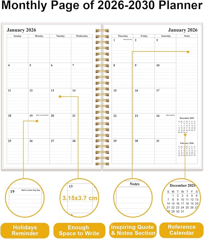 5 Year Planner 2026-2030 - April 2026 to December 2030, 5.8" x 8.5", Pink