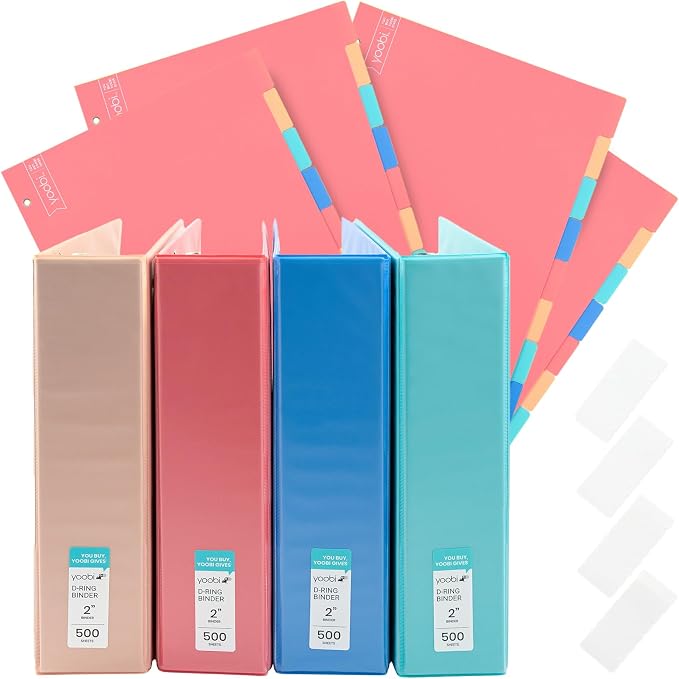 Yoobi 2 Inch 3-Ring Binder & 8-Tab Divider Set, 4-Pack, 2 Pockets, D Rings | 3-Ring Binder + 8-Tab Divider Set, 2 Interior Pockets, Blank Sticky Labels Included, 4-Pack of Each