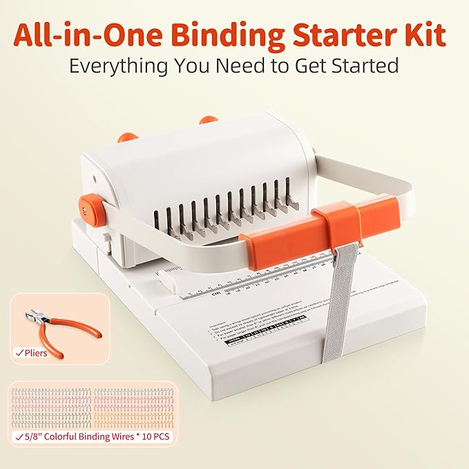 Binding Machine Kit 2:1 Hole Pitch Book Binding Kit with 10PCS 5/8'' Wires and Plier, Manual Paper Punch Binder for DIY Notebooks, Journals, Albums, School Projects, Home/Office Use