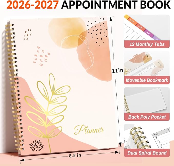 SUNEE 2026-2027 Appointment Book, Quarter-Hourly, Weekly & Monthly - from July 2026 to June 2027, 8.5"x11" Academic Planner, Flexible Cover, Note Pages, Bookmark, Spiral Binding, Abstract