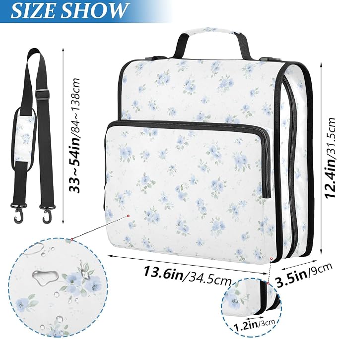 Blue Small Floral Zipper Binder 3 Ring with Handle and Shoulder Strap, 500 Sheet Binder Organizer Capacity & Multi-Pockets for School Office
