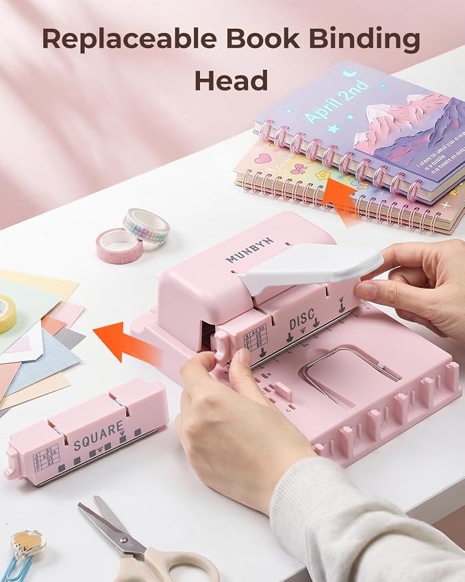 MUNBYN Multi Binding Machine with 2 Detachable Heads(Disc & Square), Pink | DIY Small Book Binder for Notebooks, Calendars, Albums, Journals at Home, School, Office