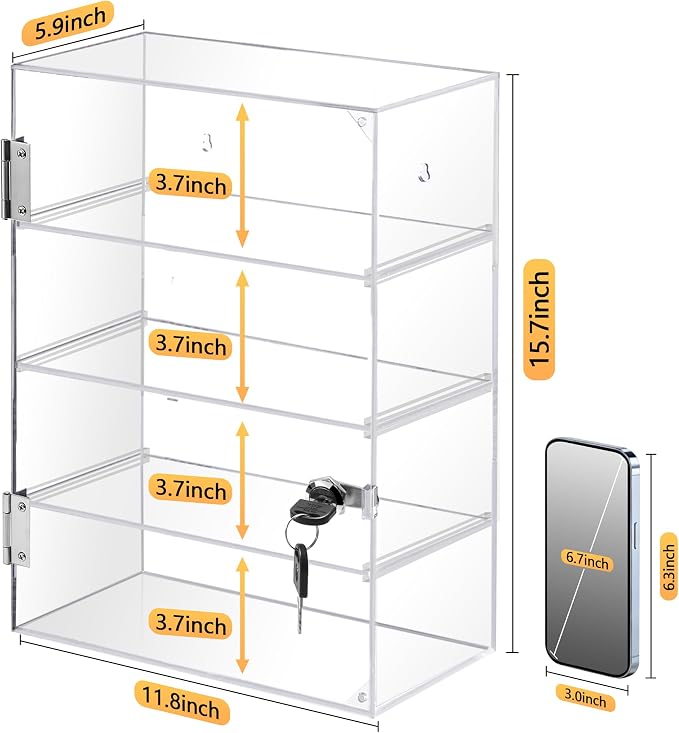Acrylic Display Case with Lock – Acrylic Storage Chest for Figures, Collectibles, Jewelry, Expensive Items & More – Secure and Organized Storage (3.7" Adjustable)