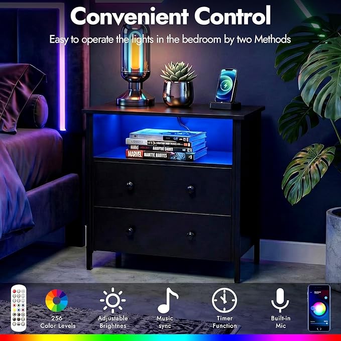 27 Inch LED Nightstand with Charging Station, 2 Drawers, Black | RGB App Control, 2 AC Outlets & 2 USB Ports, Open Storage, Adjustable Feet, Wood Tall Nightstand for Bedroom or Office