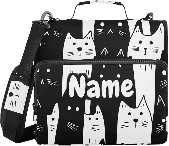 Custom White Black Cats 3 Ring Binder Bag 1.5 inch Personalized Name Binder Organizer 500 Sheet Documents Storage for School Office
