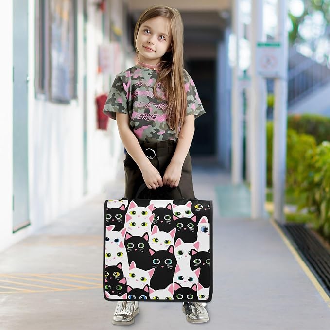 3 Ring Zipper Binder with Shoulder Strap Cat Black White Cartoon 2 Inch Zippered Binder Bag 500 Sheet Capacity Multi Pockets for School Supplies