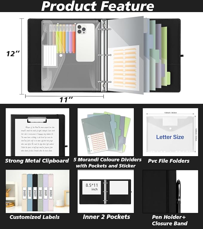 Leather 3 Ring Binder, 2 Inch Binders with Clipboards, 5-Tabs Pockets Dividers, 18 Divider Stikers, Plastic Folder, Pen Holder, Three Ring Binder with Pen Holder(Black, Letter Size)