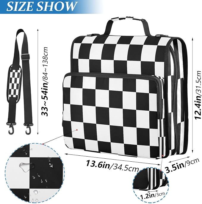 ALAZA Zipper Binder 3 Ring Black White Checkered Plaid Binder Organizer with Zipper and Shoulder Strap Large Capacity Multi-Pocket Trapper Keeper File Folder for Office Supplies