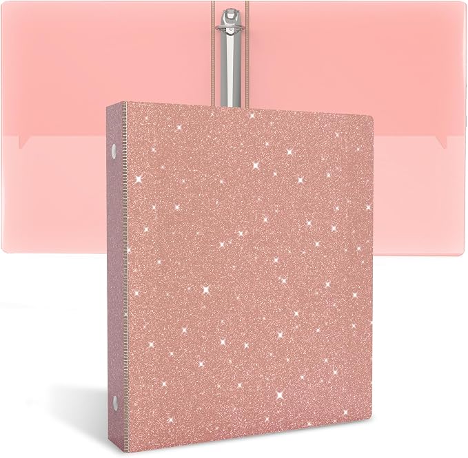 3 Ring Binder, Glitter 1 Inch Organizer, 8.5" x 11" Letter Size, Waterproof Fashion View Binder, Cute for Office School Supplies (Rose Gold)