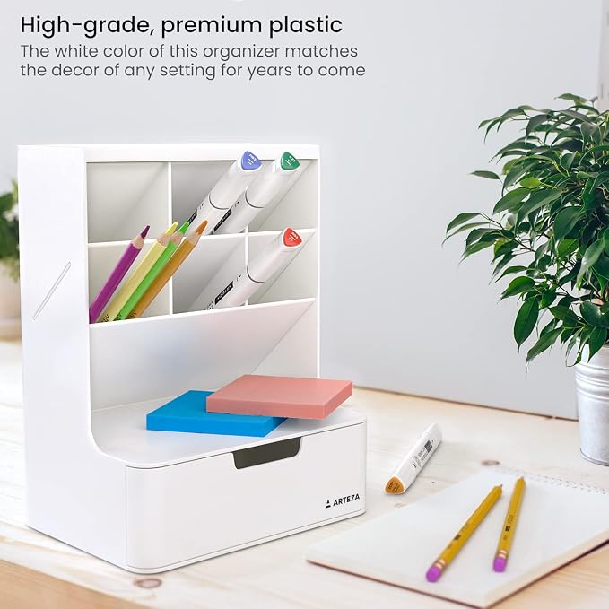 ARTEZA Desktop Pen and Marker Organizer, 6-Compartment White Pen Holder for Desk with Stationery Drawer, Makeup Organizer