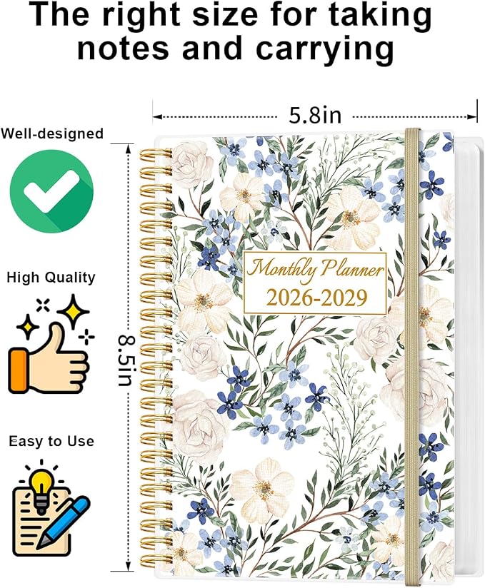 2026-2029 Monthly Planner - 36 Month PLanner Calendar from August 2026 to June 2029, 3 Year Planner 2026-2029 with Flexible Cover, Inner Pocket, Perfect for Home | School | Office, 5.8" x 8.5", Crushed Flower
