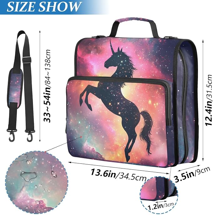 Unicorn Galaxy Sky 3 Ring Binder Bag 1.5 inch Binder Organizer with Zipper Shoulder Strap 500 Sheet Documents Storage for School Office