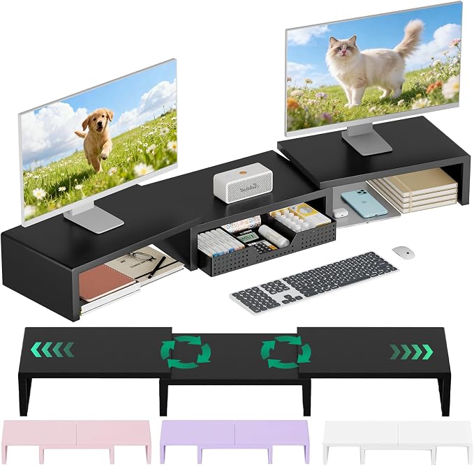 Dual Computer Monitor Stand Riser, Desk Organizer with Drawer, Office Desk Accessories & Workspace Organizers for Home Office Supplies, Black