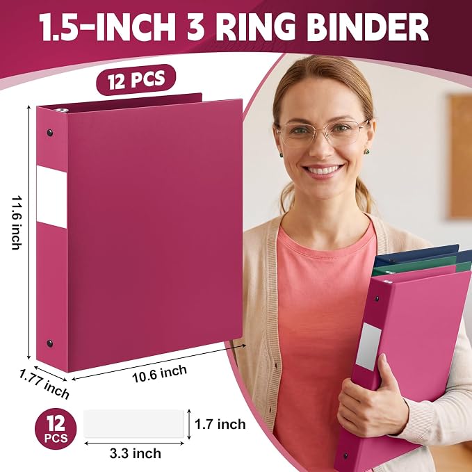 Henoyso 12 Pcs 1.5" 3 Ring Binders, Colored Binders, Assorted Dark Color | Flexible Soft Binders, for Office School Business, Fits Letter Size 8.5'' x 11'' Paper, Holds 100 Sheets with 2 Pockets