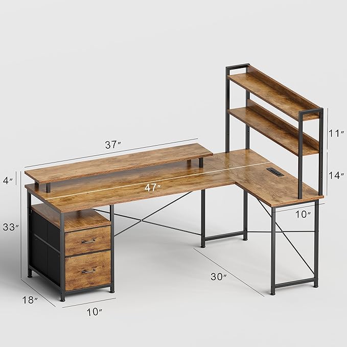 L Shaped Gaming Desk, Reversible with LED Lights, Shelves, Brown | Reversible, LED lights, Charging, Monitor stand