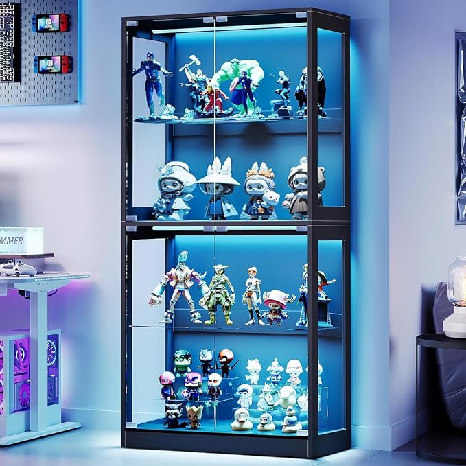 AMERLIFE 32-Inch RGB Display Cabinet with Glass Shelves | 70 H x 32 W x 16 D In, 4-Tier Storage, RGB LED Lights, Press-to-Open Doors, for Collectibles, Black