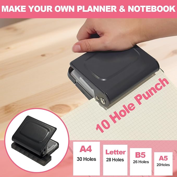 10 Hole Punch Binding Machine for Planner, Manual Binding System with 10 Multi-Color Binder Rings for Making 26 Holes on B5, 30 Holes on A4, 20 Holes on A5 Book, 10 Sheet Capacity - Black