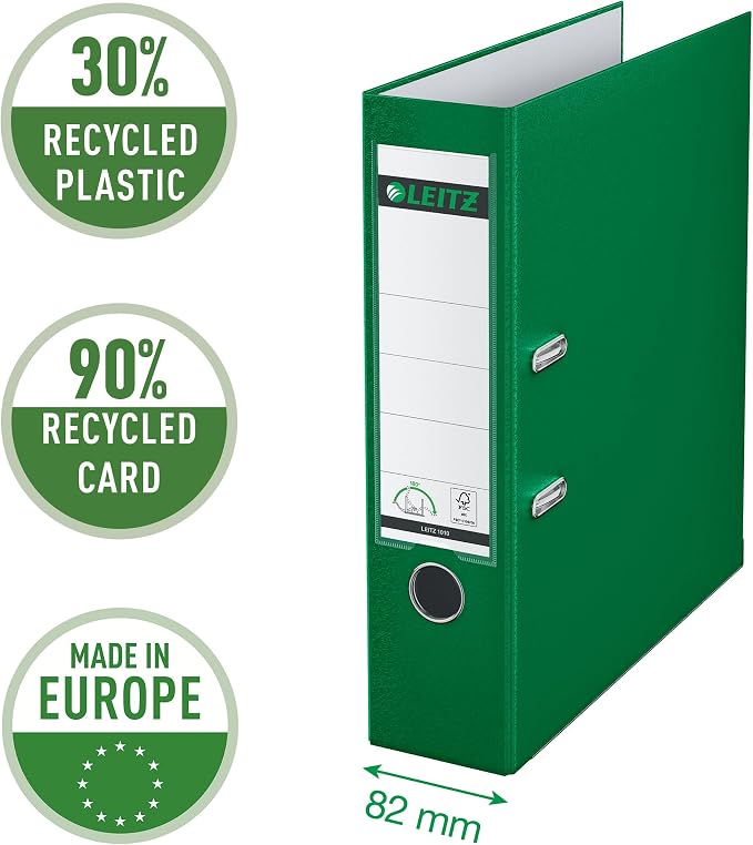 Leitz Plastic Lever Arch File, 90 Percent Recycled Card, 30 Percent Pre-Consumer Recycled Plastic, with Thumbhole and Rado Rings, 80mm Spine 600 Sheet Capacity, Green, 10101055