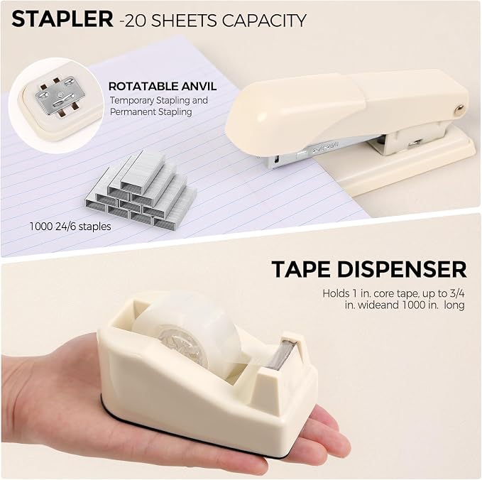 SKYDUE Desk Organizer Set with 360° Rotating Pen Holder | Includes Stapler, Scissors, Tape Dispenser, Clips, Pins & Accessories, For Home Office, School, Teacher