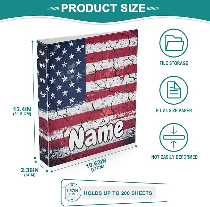 Custom 3 Ring Binder Retro American Flag 1.5" Round Ring Binders Personalized Name View Binder with 200 Sheet for Kids School Supplies Women Men Office, 1 Pack