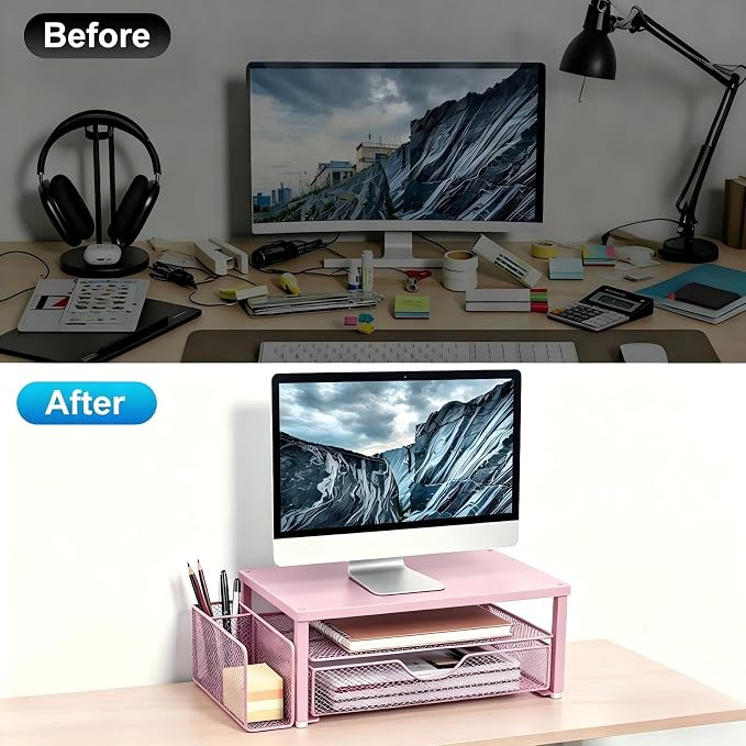 Spacrea Desk Organizer and Accessories, Computer Monitor Stand Riser with Drawer and 1 Open Pen Holder, Printer & Laptop Stand, Office Desk Accessories for Home Office Supplies (Pink)