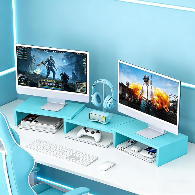 Desk Organizers and Accessories, Dual Monitor Stand Riser, Monitor Desk Shelf for Desktop Organization (Blue)