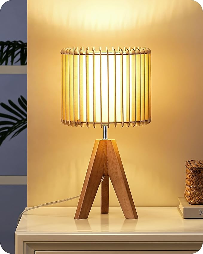 EDISHINE 14.17" Small Table Lamp, Wood-Colored Hollow Shade, E26 Base | Wood Tripod Bedside Lamp, Boho Nightstand Lamp for Bedroom, Living Room, Office, Study