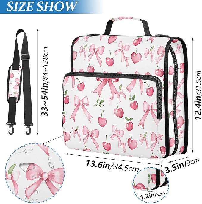 Pink Bow Cherry Leaf Pattern Zipper Binder 3 Ring with Handle and Shoulder Strap, 500 Sheet Binder Organizer Capacity & Multi-Pockets for School Office
