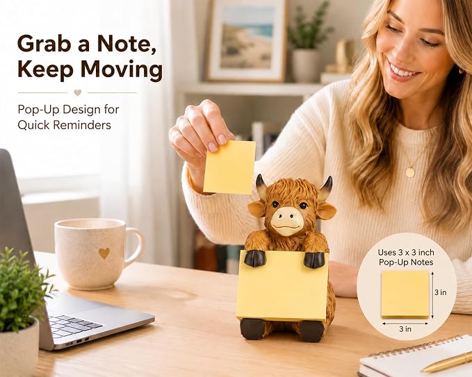 Highland Cow Pop-Up Sticky Note Dispenser for 3 x 3 in Notes, Brown | Includes 100 sheets, handmade resin desk decor for office, home or classroom, gift for teachers, coworkers and cow lovers