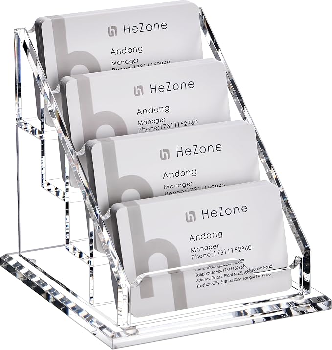 HeZone Acrylic Card Holder Clear Horizontal Business Card Organizer Stand for Desk 4 Slots 4 Tier Business Cards Stand for Women and Men,Office Desk Accessories,Organize 200 Cards-1 Pack(4Slots-H)