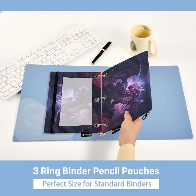 Dragon Purple Pencil Pouch for 3 Ring Binder, 2 Pack Waterproof Pencil Bags Clear Window Zipper School Office Supplies