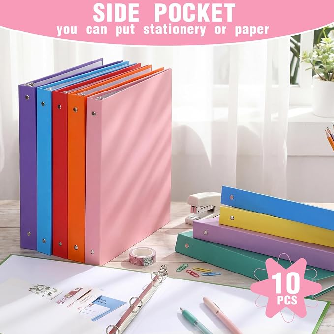Ctosree 10 Pack Colored 3 Ring Binder with 2 Pockets Hardcover Loose Leaf Binder for Women Men Teacher Student School Office Home Supplies, Fits 11 x 8.5 Size Paper, 10 Colors (0.5",Regular Color)