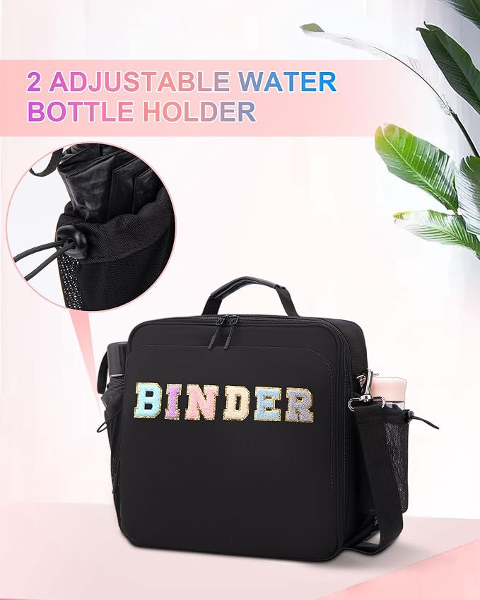 3 Ring Zipper Binder 3 Inch D Rings with Double Water Bottle Holder | Cute Initial Water-Resistant Zip Up Binder for School Office, 700-Sheet Capacity & Shoulder Strap & Laptop Pocket, Black