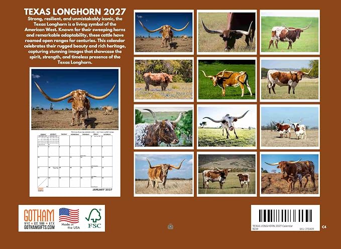 Texas Longhorn Wall Calendar 2027 Cattle Monthly