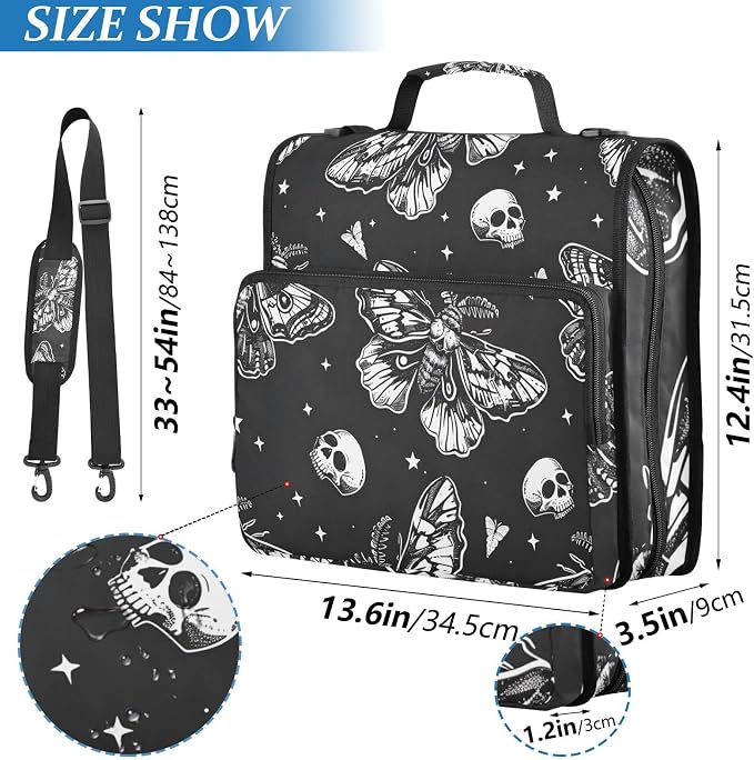 3 Ring Zipper Binder with Shoulder Strap Skull Moon Moth Black Skeleton 1.5 inch Binders Keeper Large Capacity Multi Pockets for School Office Supplies