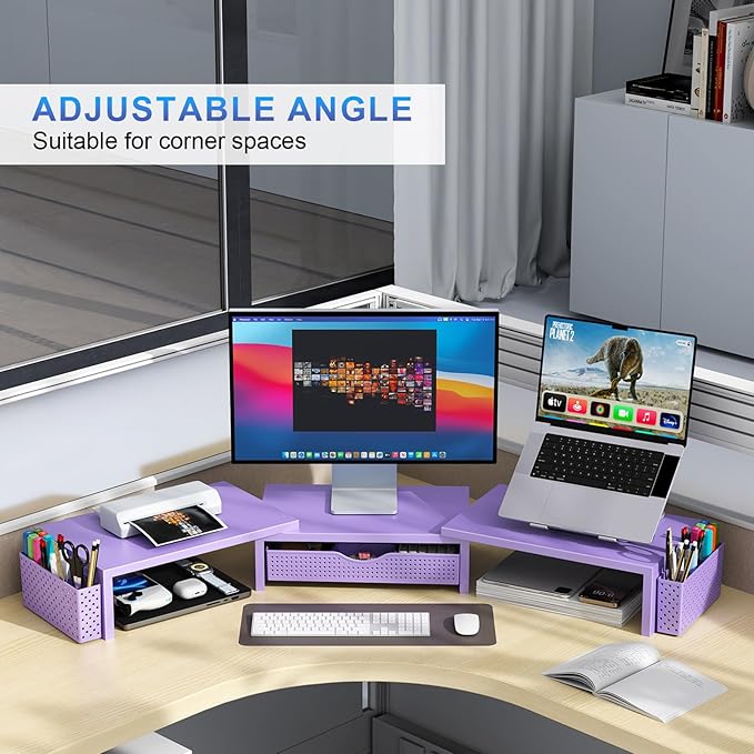 gianotter Dual Monitor Stand Riser With Drawer and 2 Pen Holders | Computer Monitor Stand Desk Organizer and Accessories Desk Shelf for Top of Desk (Purple)