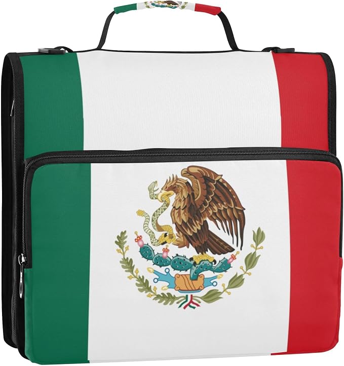 Fisyme Mexico Flag Zipper Binder 3 Ring with Zipper and Shoulder Strap Large Capacity Multi-Pocket Binder Organizer