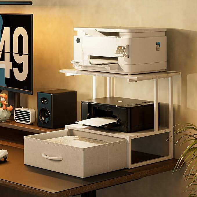 Masupu Printer Stand for Desk, Printer Table with Fabric Storage Drawer, 2 Tier Desktop Shelf, Multi-Purpose Desk Organizer for Home Office, 3D Printer, Fax Machine, Scanner, Marble White