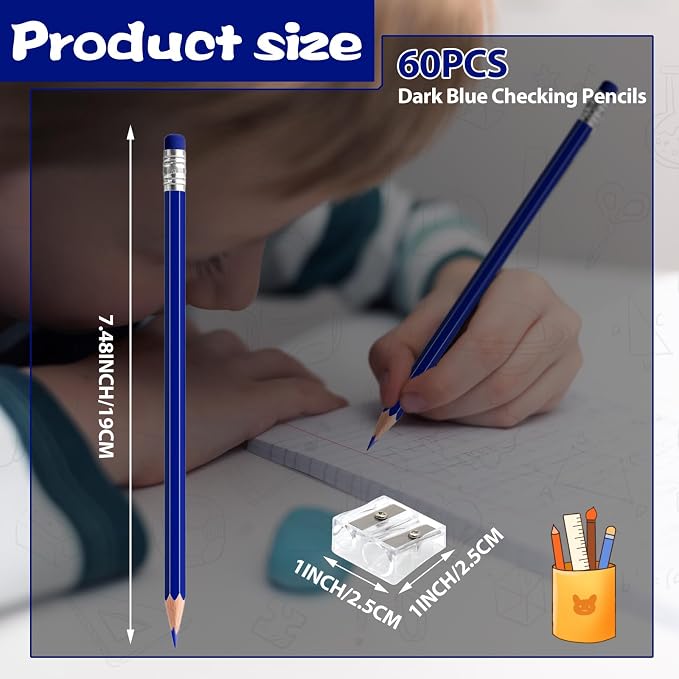 60 PCS Dark Blue Pencils Bulk with Eraser, Pre-Sharpened HB Pencils for Writing & Drawing, School Supplies for Kids Homework, Tests, Art Crafts & Teacher Grading(Dark Blue)