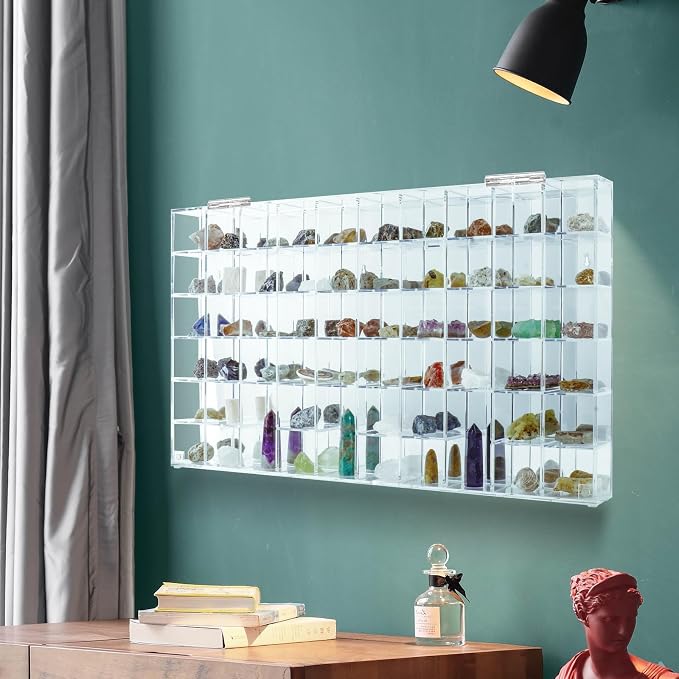 Adjustable Seashell Display Case Box Large Rock Fossil Arrowhead Case | Crystal Organizer Clear Wall Mounted & Desktop 60 Room Shadow Box for Mini Pop Figure, Collectibles, with Mirrored & Lid