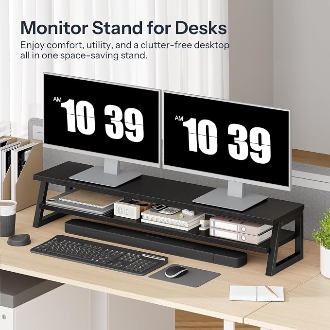 HOOBRO 2-Tier Dual Monitor Stand Riser, 39 Inch Large Computer Monitor Stand for 2 Monitors, Computer Monitor Riser, Desk Shelf Organizer for Office Desk, Accessories, Black BB122CJ01