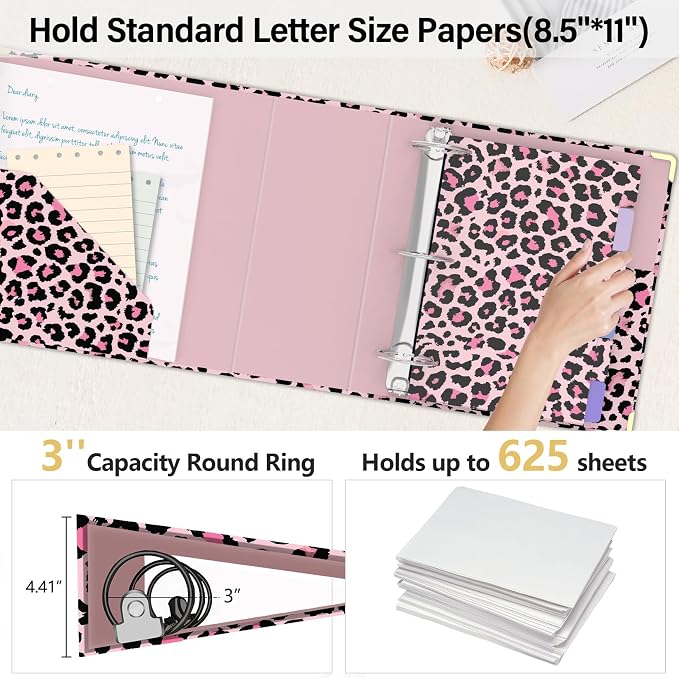 3 Ring Binder 3 Inch, Cute Round Ring Binder with 6 Tab Dividers & Label Stickers, Low Profile Clipboard with Storage, Fashion Binder for School Office Supplies (Pink Leopard)