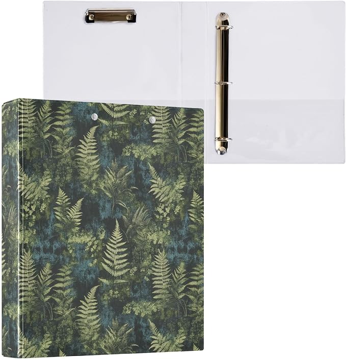 Vintage Green Ferns Binder 1.5 Inch Binder with Clipboard&Pockets, Plant Leaves Hardcover Binders 3 Ring, Heavy Duty Large File Folder for Office School Supplies - Holds 200 Sheets