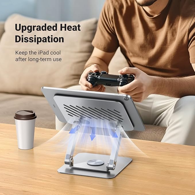 UGREEN Tablet Stand Holder for Desk with 360° Rotating Base Aluminum Dual Rod Support Adjustable Home Office Accessories Compatible with iPad Pro 13 12 11 Air Mini 5 4 3 Phone E-Reader Silver